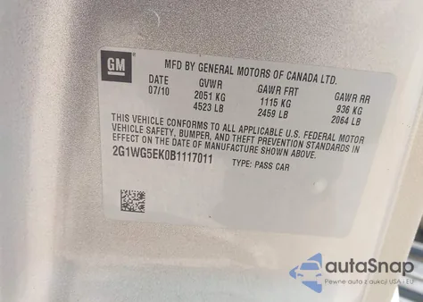 2011 Chevrolet Impala Lt из США, поврежденный, VIN 2G1WG5EK0B1117011